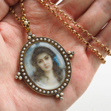 Load image into Gallery viewer, Antique Victorian Lady Portrait Pendant Necklace Pearls &amp; Diamond 9ct Gold
