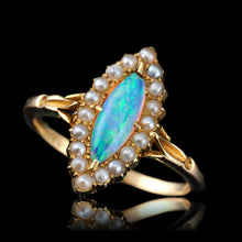 Load image into Gallery viewer, Antique Victorian Opal Ring Marquise Cluster Pearls 18K Gold - c.1895
