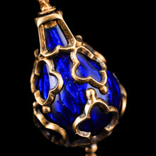 Load image into Gallery viewer, Antique Victorian Blue Enamel Guilloche Drop Pendant Necklace 15K Gold c.1900
