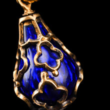Load image into Gallery viewer, Antique Victorian Blue Enamel Guilloche Drop Pendant Necklace 15K Gold c.1900
