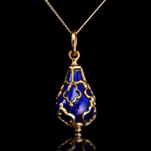 Load image into Gallery viewer, Antique Victorian Blue Enamel Guilloche Drop Pendant Necklace 15K Gold c.1900
