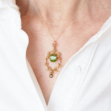 Load image into Gallery viewer, Antique Victorian Peridot Pendant Necklace, Pearls 14K Gold Original Box c.1890
