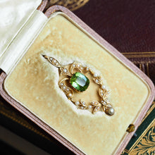 Load image into Gallery viewer, Antique Victorian Peridot Pendant Necklace, Pearls 14K Gold Original Box c.1890
