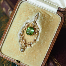 Load image into Gallery viewer, Antique Victorian Peridot Pendant Necklace, Pearls 14K Gold Original Box c.1890
