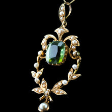 Load image into Gallery viewer, Antique Victorian Peridot Pendant Necklace, Pearls 14K Gold Original Box c.1890
