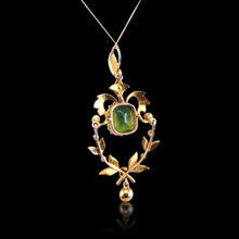 Load image into Gallery viewer, Antique Victorian Peridot Pendant Necklace, Pearls 14K Gold Original Box c.1890
