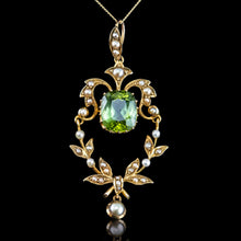 Load image into Gallery viewer, Antique Victorian Peridot Pendant Necklace, Pearls 14K Gold Original Box c.1890
