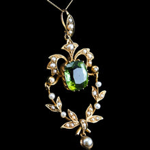 Load image into Gallery viewer, Antique Victorian Peridot Pendant Necklace, Pearls 14K Gold Original Box c.1890
