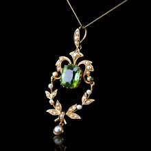 Load image into Gallery viewer, Antique Victorian Peridot Pendant Necklace, Pearls 14K Gold Original Box c.1890
