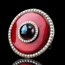 Load image into Gallery viewer, Antique Red Enamel Guilloche Brooch/Pendant Garnet, Pearls 14K Gold c.1870
