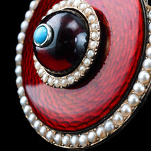 Load image into Gallery viewer, Antique Red Enamel Guilloche Brooch/Pendant Garnet, Pearls 14K Gold c.1870
