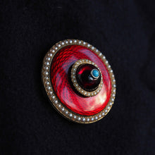 Load image into Gallery viewer, Antique Red Enamel Guilloche Brooch/Pendant Garnet, Pearls 14K Gold c.1870
