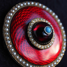 Load image into Gallery viewer, Antique Red Enamel Guilloche Brooch/Pendant Garnet, Pearls 14K Gold c.1870
