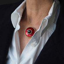 Load image into Gallery viewer, Antique Red Enamel Guilloche Brooch/Pendant Garnet, Pearls 14K Gold c.1870
