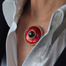 Load image into Gallery viewer, Antique Red Enamel Guilloche Brooch/Pendant Garnet, Pearls 14K Gold c.1870
