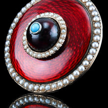 Load image into Gallery viewer, Antique Red Enamel Guilloche Brooch/Pendant Garnet, Pearls 14K Gold c.1870
