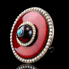 Load image into Gallery viewer, Antique Red Enamel Guilloche Brooch/Pendant Garnet, Pearls 14K Gold c.1870
