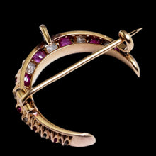 Load image into Gallery viewer, Antique Victorian Ruby &amp; Diamond Crescent Brooch 18K Gold - c.1880

