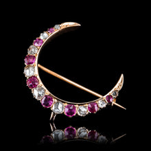 Load image into Gallery viewer, Antique Victorian Ruby &amp; Diamond Crescent Brooch 18K Gold - c.1880
