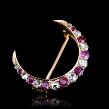 Load image into Gallery viewer, Antique Victorian Ruby &amp; Diamond Crescent Brooch 18K Gold - c.1880
