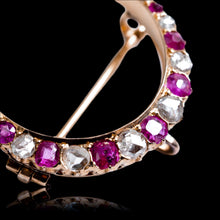 Load image into Gallery viewer, Antique Victorian Ruby &amp; Diamond Crescent Brooch 18K Gold - c.1880
