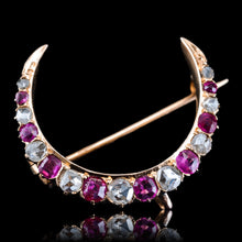 Load image into Gallery viewer, Antique Victorian Ruby &amp; Diamond Crescent Brooch 18K Gold - c.1880
