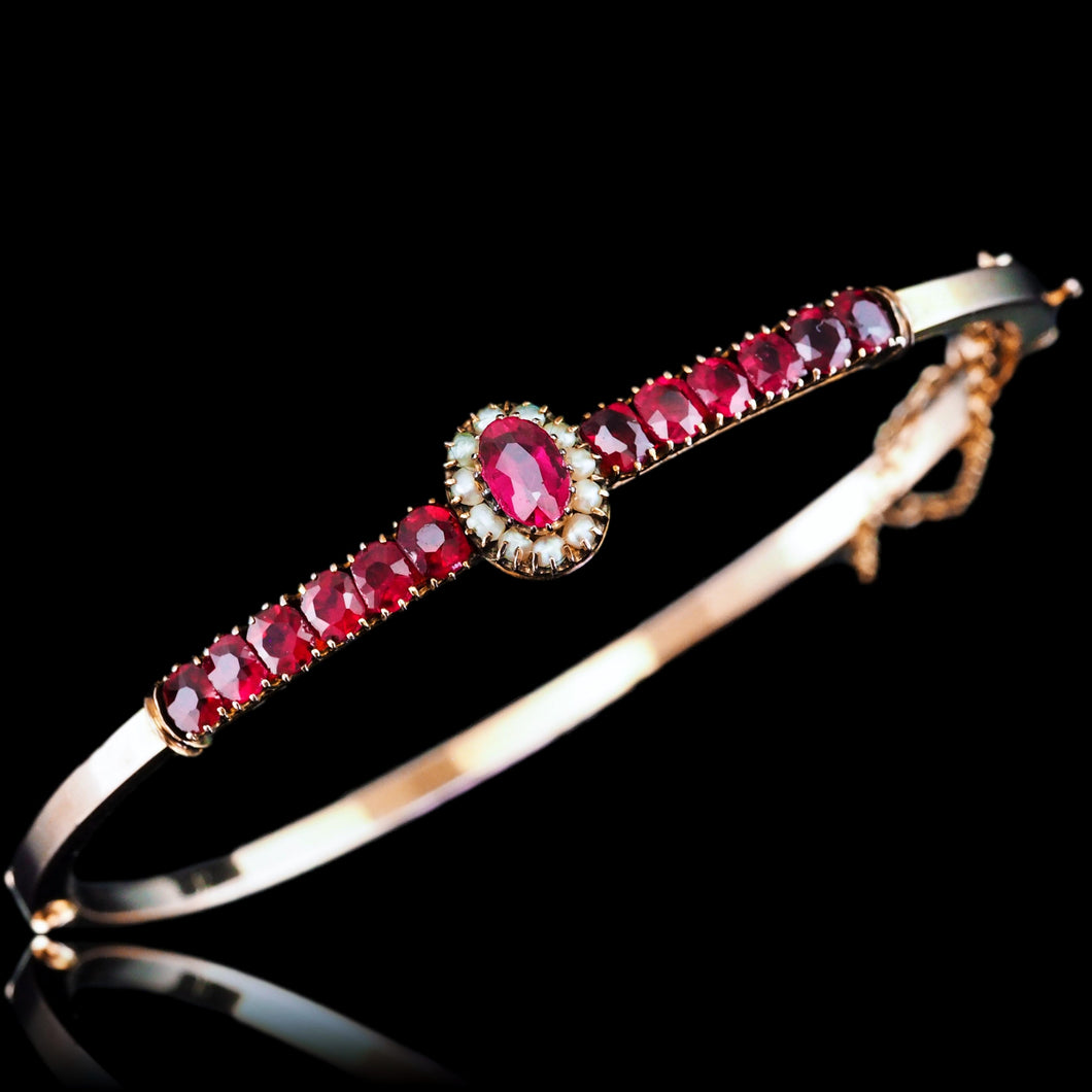 Antique Victorian/Edwardian Pink Garnet & Seed Pearl Bangle 9K Gold - c.1900