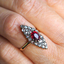 Load image into Gallery viewer, Antique Ruby &amp; Diamond Navette Ring, Natural Unheated, 18K Gold French - c.1890
