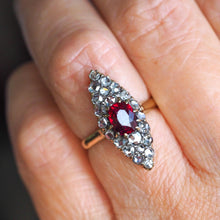 Load image into Gallery viewer, Antique Ruby &amp; Diamond Navette Ring, Natural Unheated, 18K Gold French - c.1890
