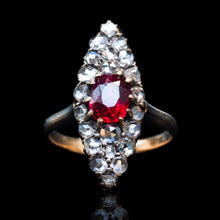 Load image into Gallery viewer, Antique Ruby &amp; Diamond Navette Ring, Natural Unheated, 18K Gold French - c.1890
