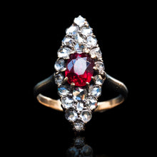 Load image into Gallery viewer, Antique Ruby &amp; Diamond Navette Ring, Natural Unheated, 18K Gold French - c.1890
