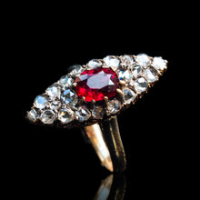 Load image into Gallery viewer, Antique Ruby &amp; Diamond Navette Ring, Natural Unheated, 18K Gold French - c.1890
