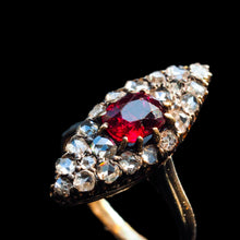 Load image into Gallery viewer, Antique Ruby &amp; Diamond Navette Ring, Natural Unheated, 18K Gold French - c.1890
