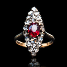 Load image into Gallery viewer, Antique Ruby &amp; Diamond Navette Ring, Natural Unheated, 18K Gold French - c.1890
