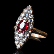 Load image into Gallery viewer, Antique Ruby &amp; Diamond Navette Ring, Natural Unheated, 18K Gold French - c.1890
