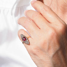 Load image into Gallery viewer, Antique Ruby &amp; Diamond Navette Ring, Natural Unheated, 18K Gold French - c.1890
