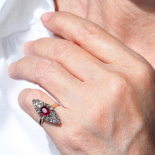 Load image into Gallery viewer, Antique Ruby &amp; Diamond Navette Ring, Natural Unheated, 18K Gold French - c.1890
