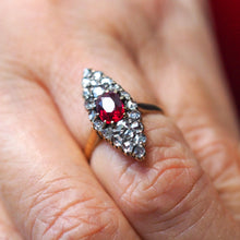 Load image into Gallery viewer, Antique Ruby &amp; Diamond Navette Ring, Natural Unheated, 18K Gold French - c.1890
