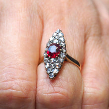 Load image into Gallery viewer, Antique Ruby &amp; Diamond Navette Ring, Natural Unheated, 18K Gold French - c.1890

