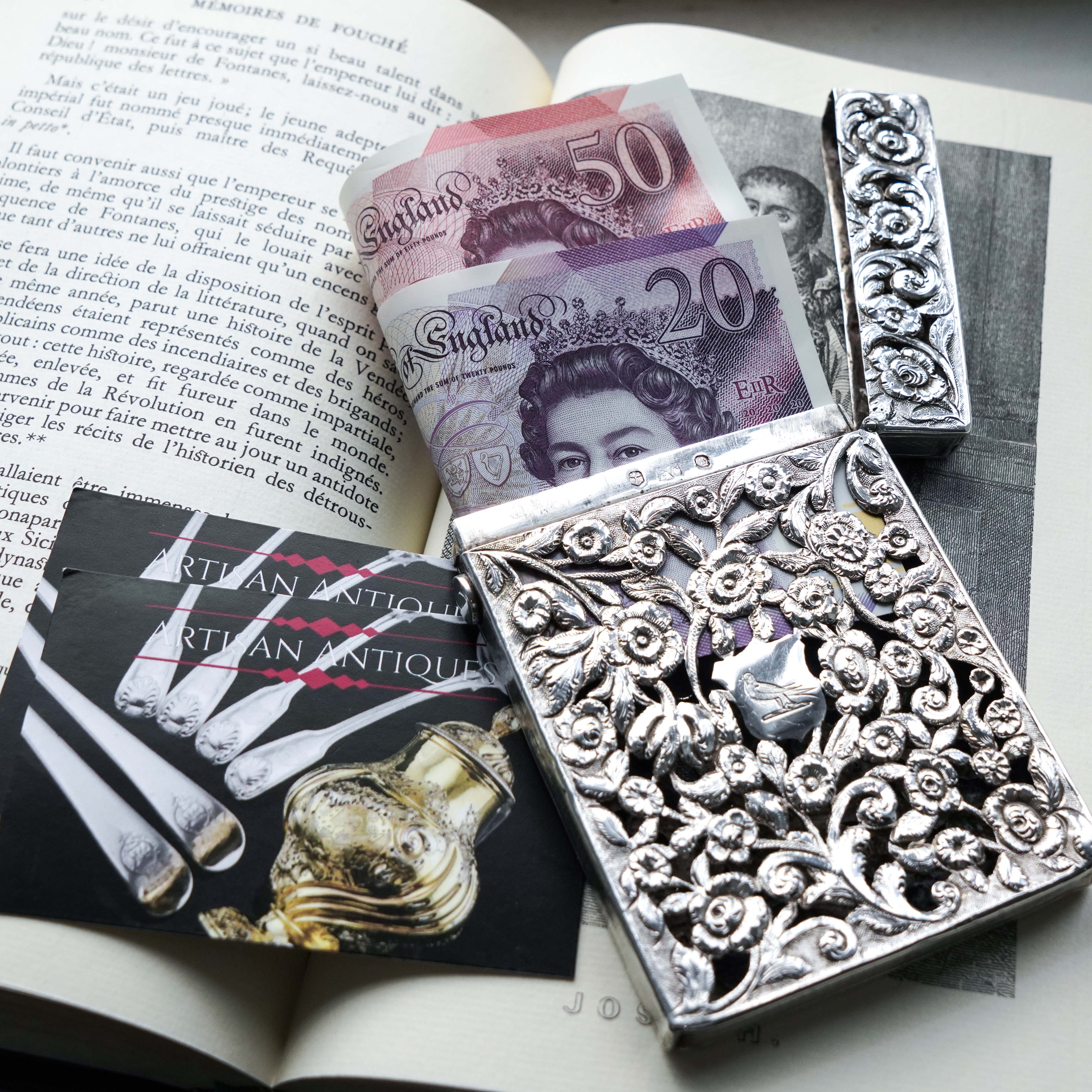 Magnificent Antique Victorian Solid Silver Card Case with Floral