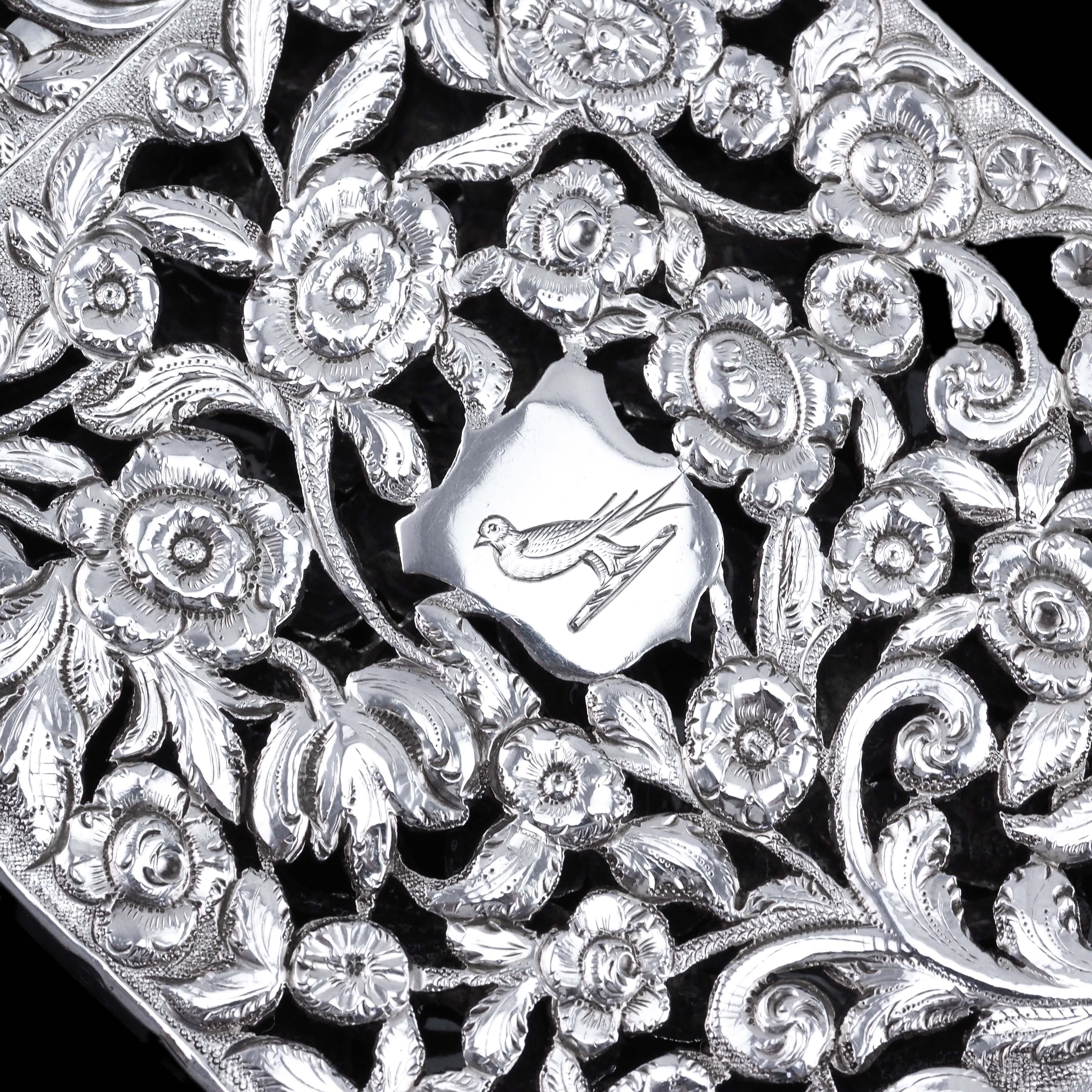 Magnificent Antique Victorian Solid Silver Card Case with Floral