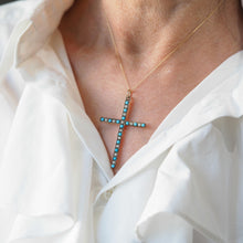 Load image into Gallery viewer, Antique Victorian Turquoise &amp; Pearl Cross Pendant Necklace 9K Gold - c.1890
