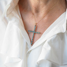Load image into Gallery viewer, Antique Victorian Turquoise &amp; Pearl Cross Pendant Necklace 9K Gold - c.1890
