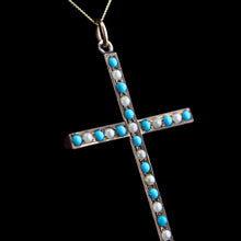 Load image into Gallery viewer, Antique Victorian Turquoise &amp; Pearl Cross Pendant Necklace 9K Gold - c.1890
