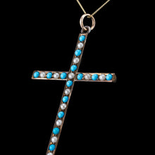 Load image into Gallery viewer, Antique Victorian Turquoise &amp; Pearl Cross Pendant Necklace 9K Gold - c.1890

