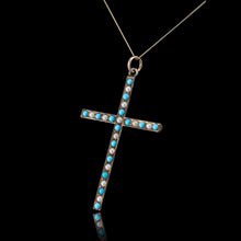 Load image into Gallery viewer, Antique Victorian Turquoise &amp; Pearl Cross Pendant Necklace 9K Gold - c.1890
