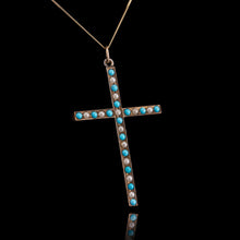 Load image into Gallery viewer, Antique Victorian Turquoise &amp; Pearl Cross Pendant Necklace 9K Gold - c.1890

