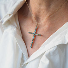 Load image into Gallery viewer, Antique Victorian Turquoise &amp; Pearl Cross Pendant Necklace 9K Gold - c.1890
