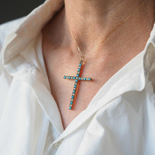 Load image into Gallery viewer, Antique Victorian Turquoise &amp; Pearl Cross Pendant Necklace 9K Gold - c.1890
