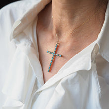 Load image into Gallery viewer, Antique Victorian Turquoise &amp; Pearl Cross Pendant Necklace 9K Gold - c.1890
